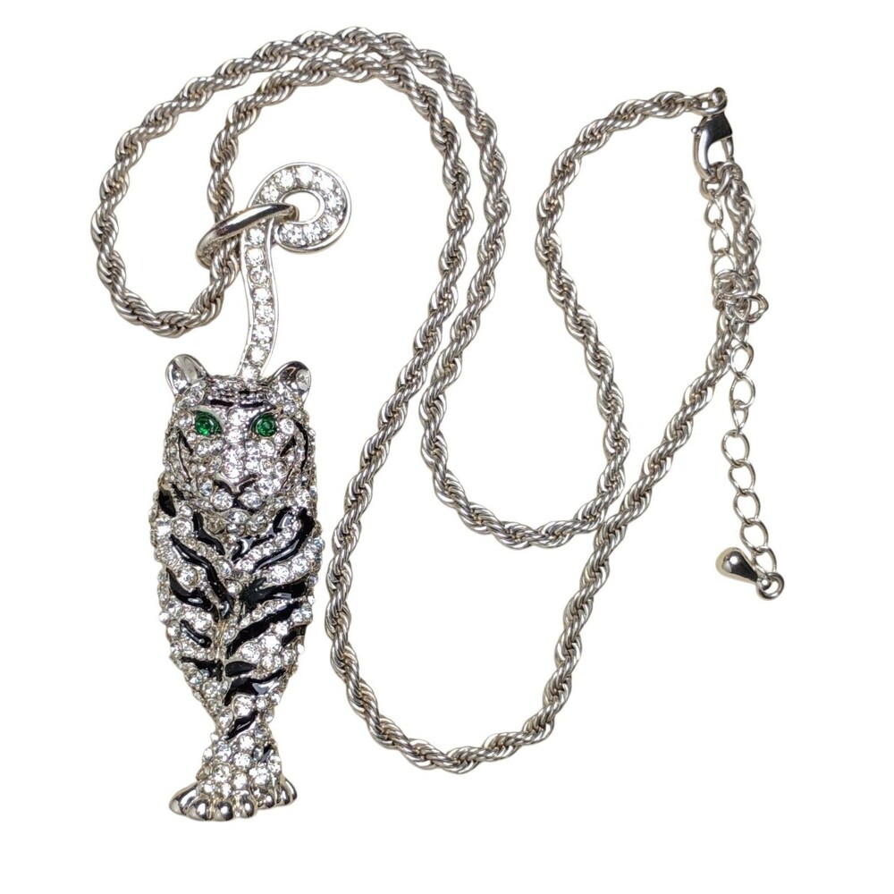 Vintage Rhinestone White Tiger Green Eye Necklace